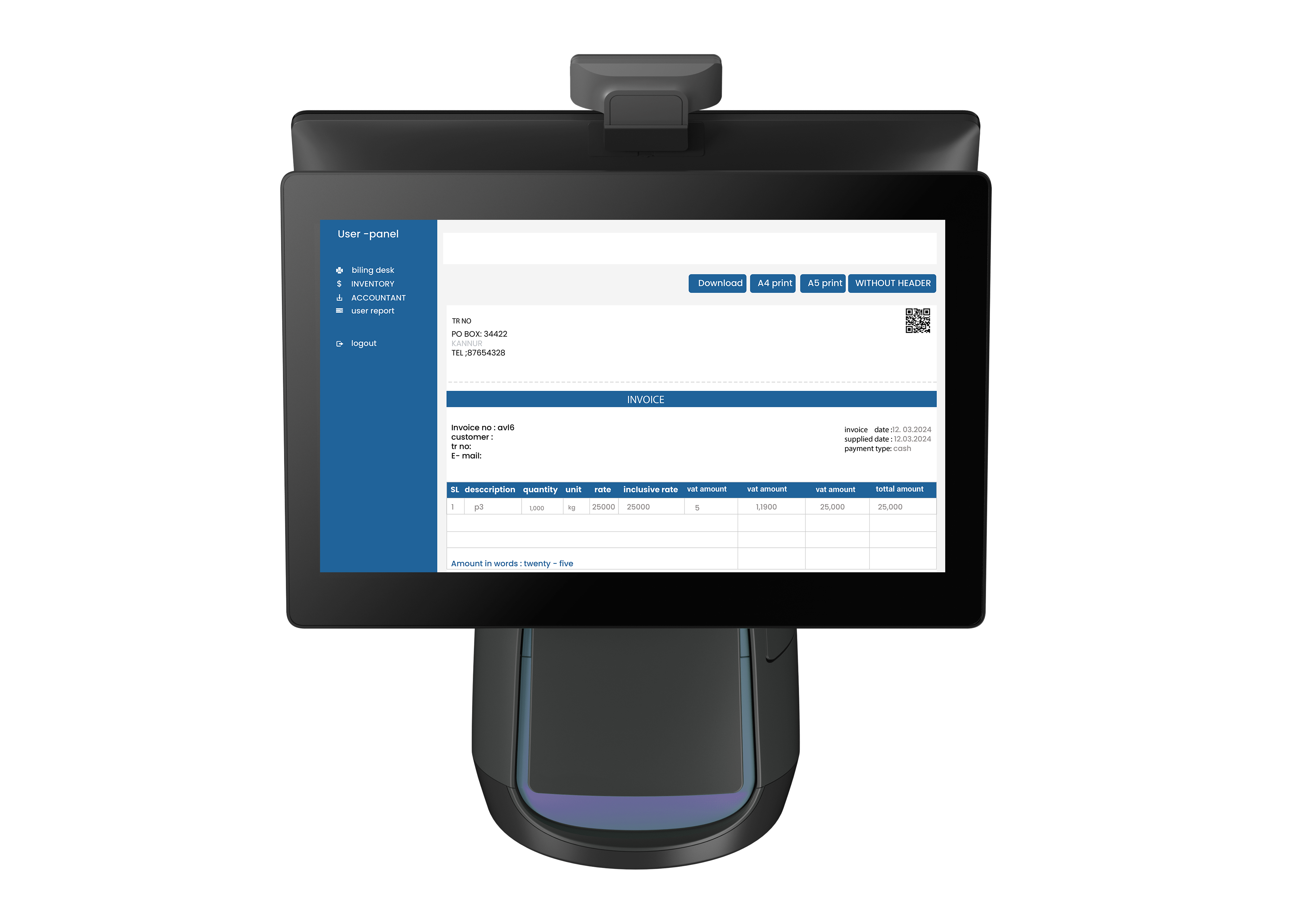 Front view of POS device